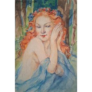 Léonie Humbert-vignot (1878-1960) Watercolor Portrait Of A Young Woman