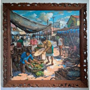 Asian Market Scene Oil On Canvas (signed)