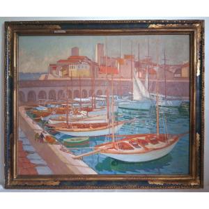 Charles Philippe Perrot (1893-1964) Oil On Canvas Marine Mediterranean Port Boats