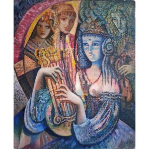 Joseph Palandri Known As Pajo (born In 1928) Oil On Canvas Characters Lyre Violin