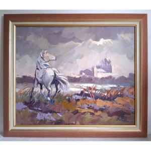 Jean Pastore (born In 1941) Horse At Saintes-maries-de-la-mer Camargue Oil On Canvas