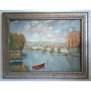 Oil On Canvas Landscape - Banks Of The Marne - G. Martinez