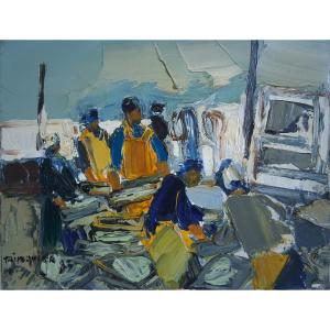 Michel Trinquier (born In 1931) Oil On Canvas Fishermen Returning From Fishing