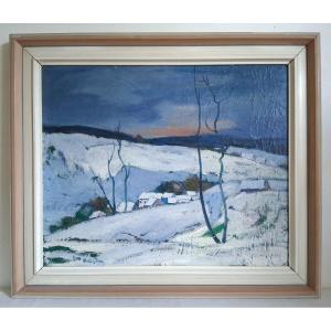 Emil Oelieden (germany 1875-1934) Snowy Landscape At Dusk Oil On Panel
