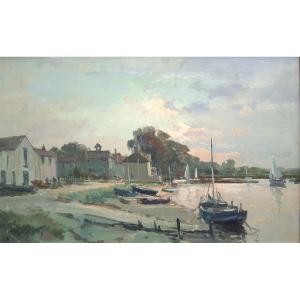 Jack Cox (1914-2007) Oil On Panel Seascape Harbor Norfolk England