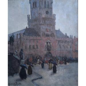 Charles-henry Bizard (1887-1954) The Belfry Of Bruges Belgium - Oil On Canvas