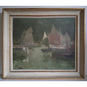 Georges Andrique (1874-1964) Calais Entrance To Paradise Port Oil On Canvas Marine