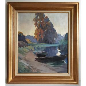 José Marques Campão (brazil 1892-1949) Oil On Canvas Lakeside Landscape Boats