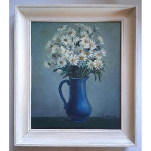 Still Life Bouquet Of Daisies Flowers Oil On Canvas Late 19th Early 20th Century (signed)