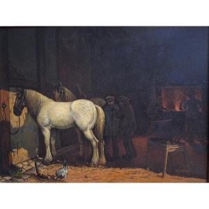 Victor Marechal (born In 1879) Farrier's Workshop, Horses, Oil On Wood