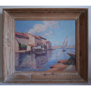 Constantin Font (1890-1954) Martigues Port Fishing Boats Provence Oil On Wood