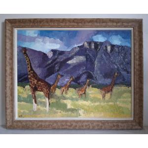 Oil On Panel, Giraffes In The African Savannah (signed)