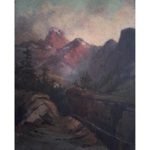 Oil On Wood, Mountain Landscape At Dusk, M. Losserand