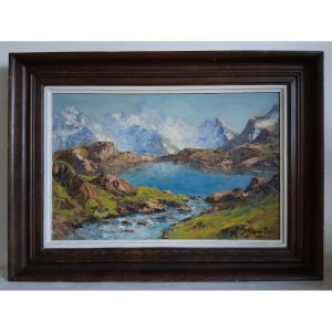 Oil On Wood, Lake Pétarel And The Olan, Hautes-alpes Mountain Landscape