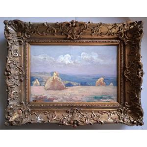 Jean Drevon (1889-1979) Oil On Wood Landscape Haystacks 1947