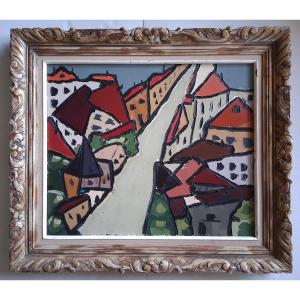 Oil On Canvas Urban Cityscape, Mid-20th Century