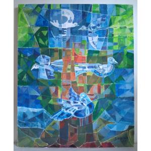 Oil On Canvas Composition With Birds d'Aquino 1978