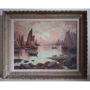 Oil On Wood Seascape Harbor At Dusk Noël Jourdan And Paul-gabriel Mouret