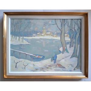 Jean Dumoncept "winter In The Countryside" Winter Lakeside Landscape, Oil On Canvas