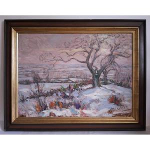 Jean Drevon (1889-1979) "chestnut Trees In The Snow" Oil On Wood, Snowy Winter Landscape