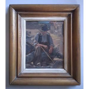 Henri Roche Oil On Panel Portrait Of An Old Peasant