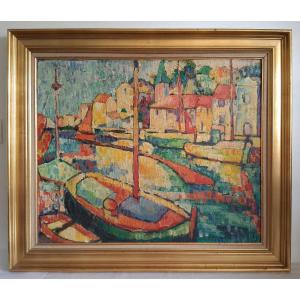 Oil On Canvas Marine Scene Harbor Boats At The Dock Louis Contier Known As Carelly