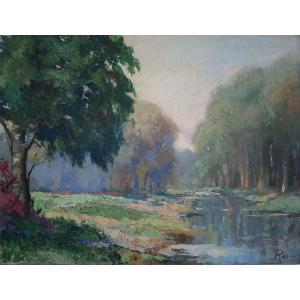 Oil On Panel, Landscape By The River, Rogo 1956