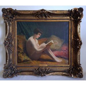Louise Landré (1852-1934) Portrait Female Nude Reading, Oil On Canvas