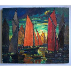 Alberto Steinmann (1907-2002) Oil On Canvas Marine Harbor Sailboats Basque Country