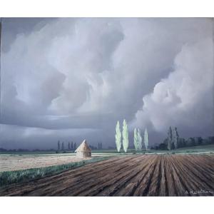 André Houllier (1909-1975) Oil On Canvas Landscape "after The Harvest"