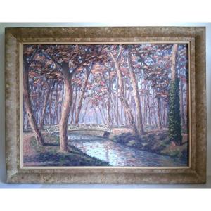 Claude Chauvignac Large Oil On Wood Autumn Landscape Undergrowth River