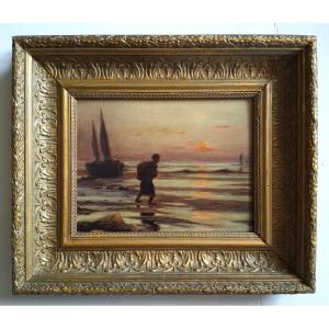 Oil On Wood Seascape At Dusk "return From Fishing" A. Dufour 19th Century