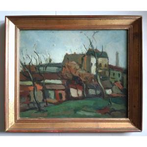 Marcel Cougnaud (1899-1971) Oil On Panel Winter Landscape Village In Winter