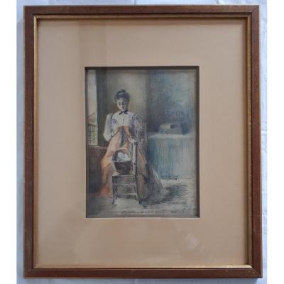 M. Th. Manesse Lecoeur Drawing In Pastel And Pencil Dated 1904 Portrait Of Woman Early 20th