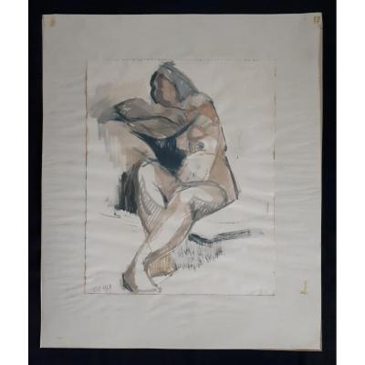 Watercolor Nude Female Naked Woman Seated 1968 (signed)