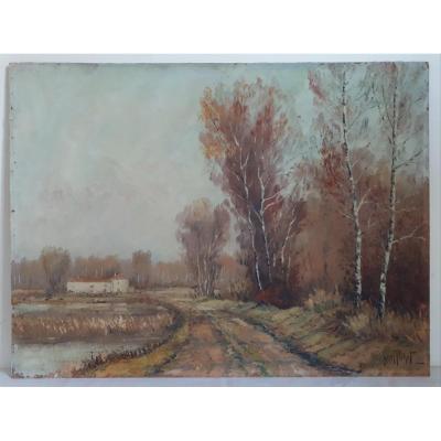 Noël Pichot (1900-1972) Oil On Panel Landscape In The Dombes School Of Lyon