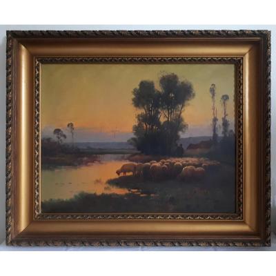 Brigitte Langevin Oil On Canvas Pastoral Scene At Dusk Sheep Late 19th