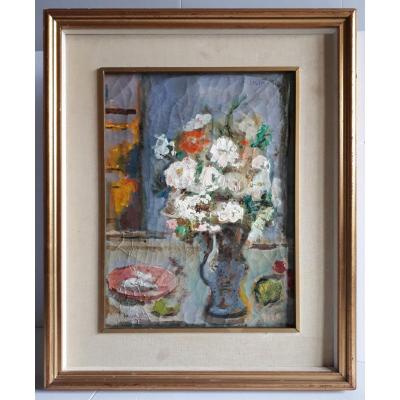 Homero Panagiotopulos (1919-2005) Oil On Canvas Still Life Bouquet Of Flowers