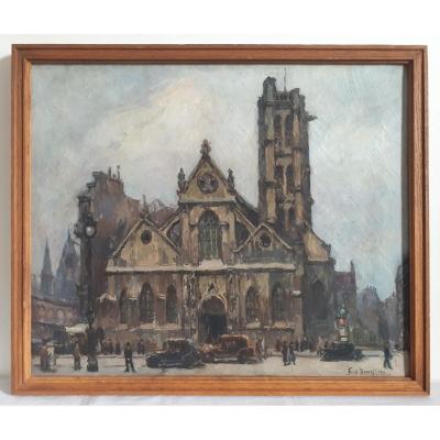 Emile Dancre (1901-1977) Oil On Canvas Paris Animated View Saint Nicolas Des Champs Church 1930