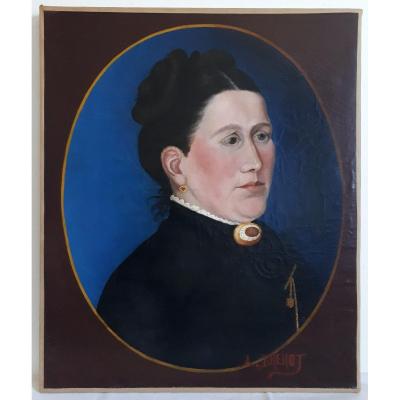 Painting Oil On Canvas Portrait Of A Woman A. Brenot 19th Naive Painting