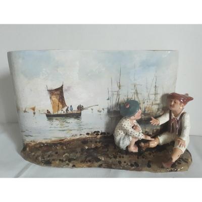 Cesare Cacciapuoti (1858-1914) Ceramic Slip Group Vase Children Italy Late 19th Early 20th