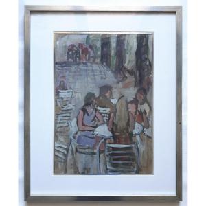 Maurice Lewi (born In 1934) Oil On Paper Animated View Bar Café - La Terrasse Cet été