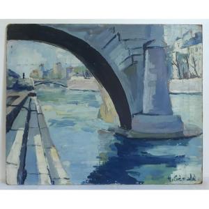 Painting Oil On Panel River Landscape River Bridge H. Gerald 1st Half Of The 20th Century