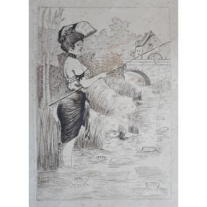 Pen Drawing Ink Woman With Fishing Rod 1900 Art Nouveau