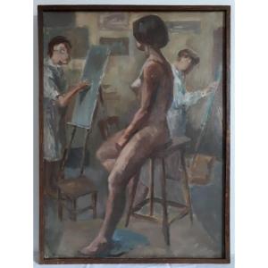 Painting Oil On Canvas Female Nude Painters Workshop Mid-20th Century