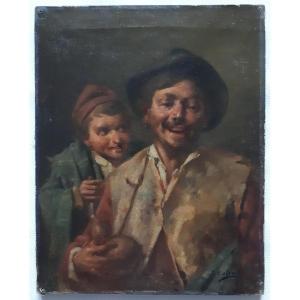 J. Esteve Oil On Canvas Portrait Of Two Characters Men Late 19th Century
