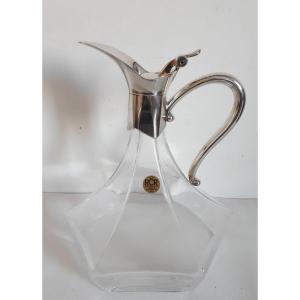 Royal Crystal Rock Italy Carafe Ewer Jug In Crystal And Silver Metal
