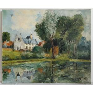 Painting Oil On Canvas Lake Landscape P. Lerblet Mid 20th Century