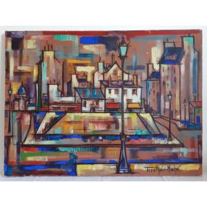 Painting Oil On Canvas Urban Landscape Abstract 1960/1970 (signed)