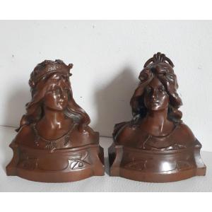 Pair Of Sculptures Busts Of Young Women 1900 Art Nouveau